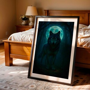 Mystic Wolf Moon Art Print – Forest Night Animal Spirit Poster | Dark Blue Lunar Guardian Wall Decor | Magical Wolf Artwork