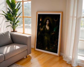 May include: A framed art print featuring a woman in a flowing green dress, holding a torch and a crescent moon staff. The artwork has a dark, mystical theme with a halo effect around the woman's head. The print is displayed in a light wood frame.