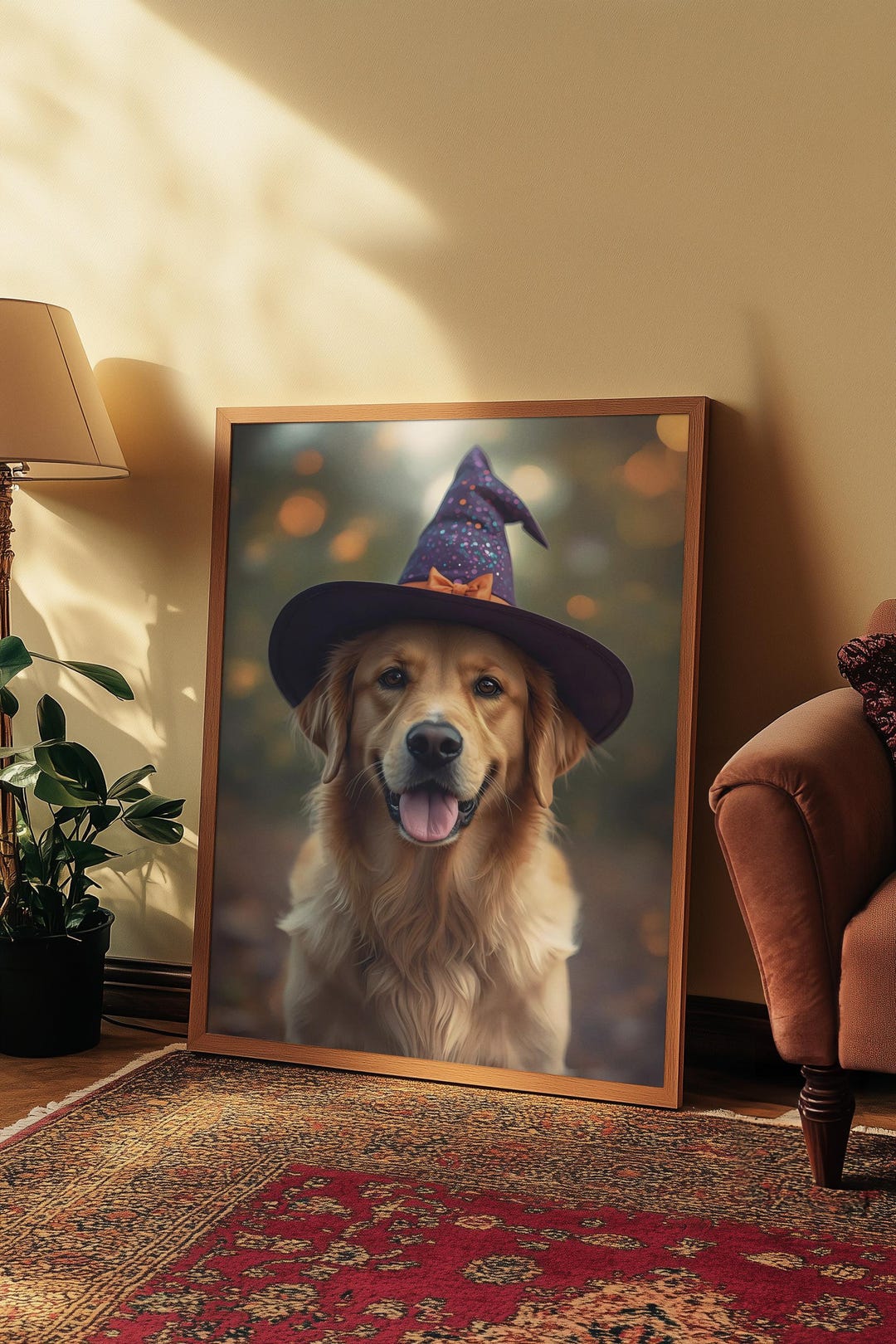 Halloween Dog Wall Art – Golden Retriever in Witch Hat Digital Download ...