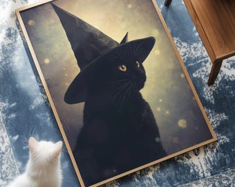 ハロウィンの黒猫アートプリント – 不気味な魔女の装飾（デジタルダウンロード）