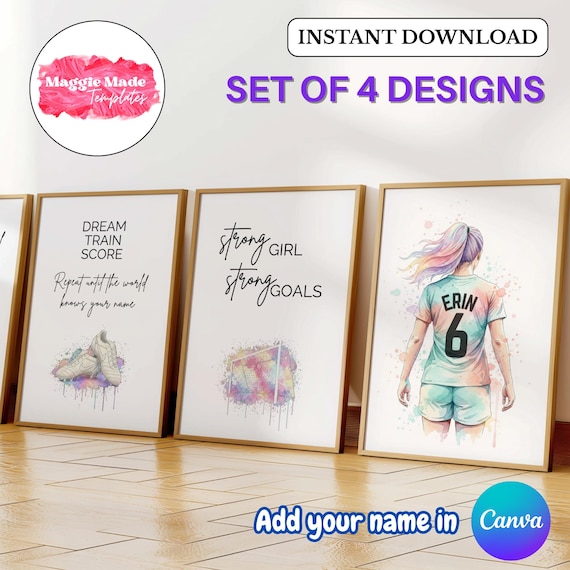 Personalised Girl Soccer Poster Set — Inspirational Quote Prints | Digital Wall Art | Printable Template