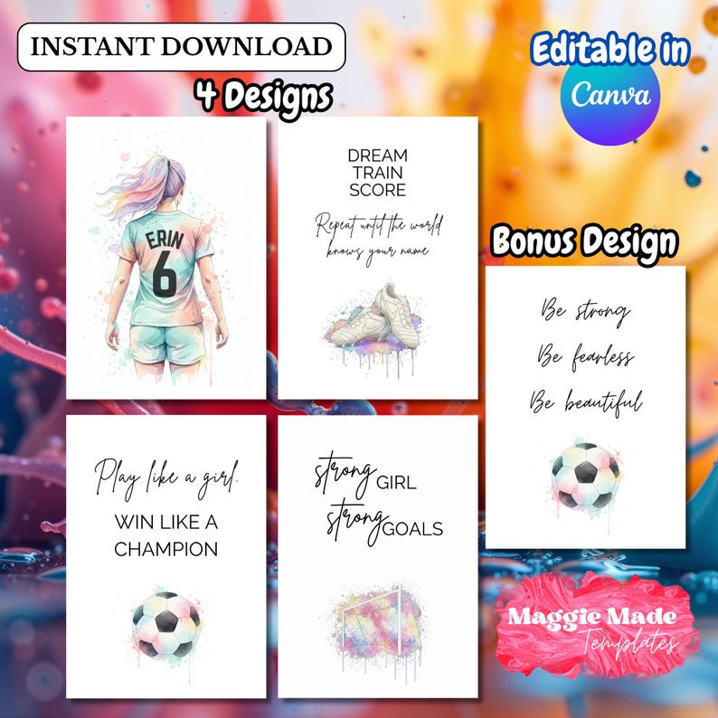 K&ouml;nnte beinhalten: Digitaler Download mit vier Designs zum Thema Fu&szlig;ball. Enth&auml;lt Aquarellillustrationen eines Fu&szlig;ballspielers, eines Fu&szlig;balls und Fu&szlig;ballschuhen. Der Text enth&auml;lt "Dream Train Score" und "Play like a girl."