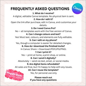 K&ouml;nnte beinhalten: Wei&szlig;er Hintergrund mit dem Text &bdquo;FREQUENTLY ASKED QUESTIONS&ldquo; und Antworten zu einer digitalen Canva-Vorlage. Das Canva-Logo befindet sich oben rechts. Das Maggie Made Templates-Logo befindet sich unten links.
