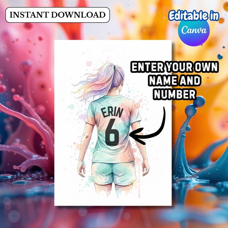 K&ouml;nnte beinhalten: Aquarell-Illustration einer Person, die ein Sporttrikot mit dem Namen "ERIN" und der Nummer "6" tr&auml;gt. Das Bild enth&auml;lt den Text "ENTER YOUR OWN NAME AND NUMBER" und "INSTANT DOWNLOAD". Das Bild ist mit "Editable in Canva" beschriftet.