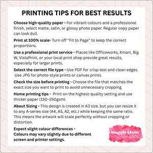 K&ouml;nnte beinhalten: Ein wei&szlig;es Informationsblatt mit dem Titel "PRINTING TIPS FOR BEST RESULTS". Es gibt Ratschl&auml;ge zu Papier, Druckma&szlig;stab, Druckdienstleistungen, Dateitypen, Gr&ouml;&szlig;e und Farbunterschieden. Ein rosa-rotes Logo befindet sich unten rechts.