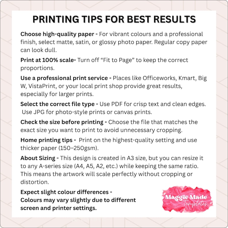 K&ouml;nnte beinhalten: Ein wei&szlig;es Informationsblatt mit dem Titel "PRINTING TIPS FOR BEST RESULTS". Es gibt Ratschl&auml;ge zu Papier, Druckma&szlig;stab, Druckdienstleistungen, Dateitypen, Gr&ouml;&szlig;e und Farbunterschieden. Ein rosa-rotes Logo befindet sich unten rechts.
