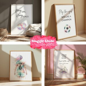 K&ouml;nnte beinhalten: Vier gerahmte Kunstdrucke mit motivierenden Zitaten und Aquarellillustrationen. Ein Druck zeigt "Strong Girl, Strong Goals". Ein anderer zeigt "Play like a girl, Win like a Champion". Der dritte zeigt "Erin 6". Der letzte zeigt "Dream Train Score, Repeat until the world knows your name."