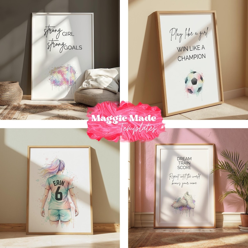 K&ouml;nnte beinhalten: Vier gerahmte Kunstdrucke mit motivierenden Zitaten und Aquarellillustrationen. Ein Druck zeigt "Strong Girl, Strong Goals". Ein anderer zeigt "Play like a girl, Win like a Champion". Der dritte zeigt "Erin 6". Der letzte zeigt "Dream Train Score, Repeat until the world knows your name."