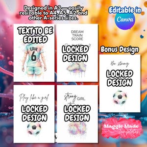 K&ouml;nnte beinhalten: Eine Sammlung von druckbaren Wandkunst-Designs zum Thema Fu&szlig;ball. Jedes Design zeigt motivierende S&auml;tze und Aquarellillustrationen von Fu&szlig;b&auml;llen und Fu&szlig;ballschuhen. Der Text "Locked Design" ist auf jedem Druck deutlich sichtbar.