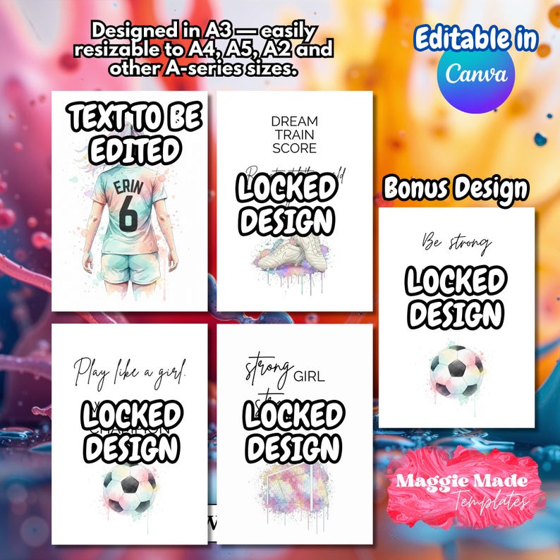 K&ouml;nnte beinhalten: Eine Sammlung von druckbaren Wandkunst-Designs zum Thema Fu&szlig;ball. Jedes Design zeigt motivierende S&auml;tze und Aquarellillustrationen von Fu&szlig;b&auml;llen und Fu&szlig;ballschuhen. Der Text "Locked Design" ist auf jedem Druck deutlich sichtbar.