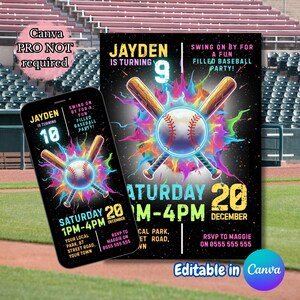 Baseball Neon Geburtstagsparty-Digitale Einladung | Bearbeitbare Canva Vorlage Download