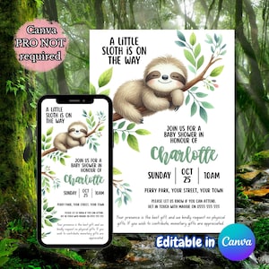 Faultier Babypartyeinladung: Bearbeitbare Canva-Vorlage (Digitaler Download)
