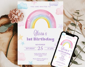 May include: A birthday invitation with a watercolor rainbow design. The invitation reads "Olivia's 1st Birthday" with the date and time. A smartphone displays the same invitation. Pastel clouds and stars decorate the invitation.