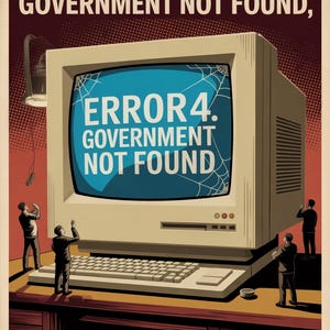 May include: A vintage-style poster with a beige computer monitor displaying "ERROR 4. GOVERNMENT NOT FOUND" on a blue screen. The poster's text reads "ERROR 404: GOVERNMENT NOT FOUND" and "SYSTEM FAILURE IS A FEATURE, NOT A BUG."