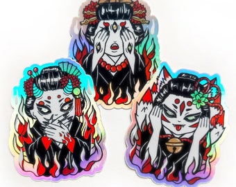 Set 3 Stickers holographic geisha japanese goth girl harajuku 60 mm × 76 mm waterproof colorful jfashion