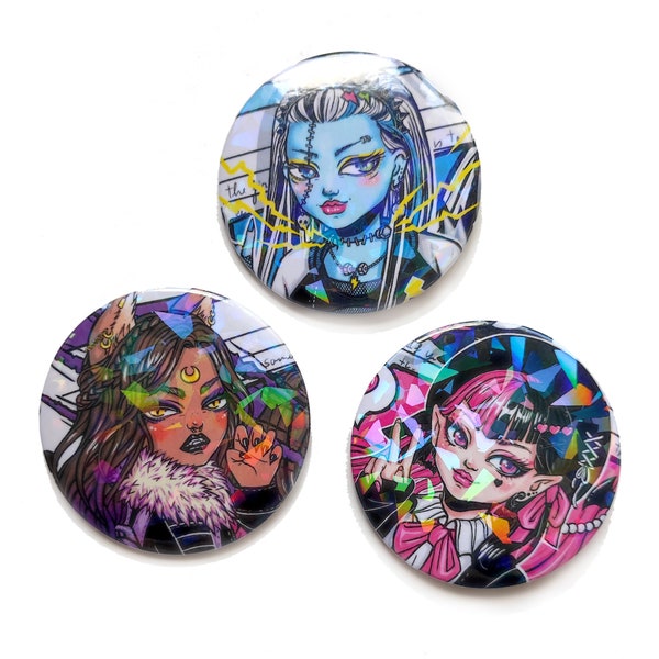 Big Monster high Metalic Buttons badges chapas frankie Draculaura Clawdeen