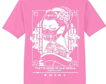 May include: Pink t-shirt featuring a white graphic of a geisha wearing a mask, with a dragon tattoo and floral hair accessories. The text "The revenge of the geisha" and "Remix by X Jeyes" is printed below the graphic.