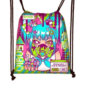 May include: A drawstring backpack with a vibrant anime-style graphic. The design features a character with teal hair, a neon green face mask, and the text "VIRUS" and "ERROR". The color palette includes pink, green, and black.