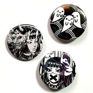 Set 3 Metalic badges chapas sukeban yokai food japanese