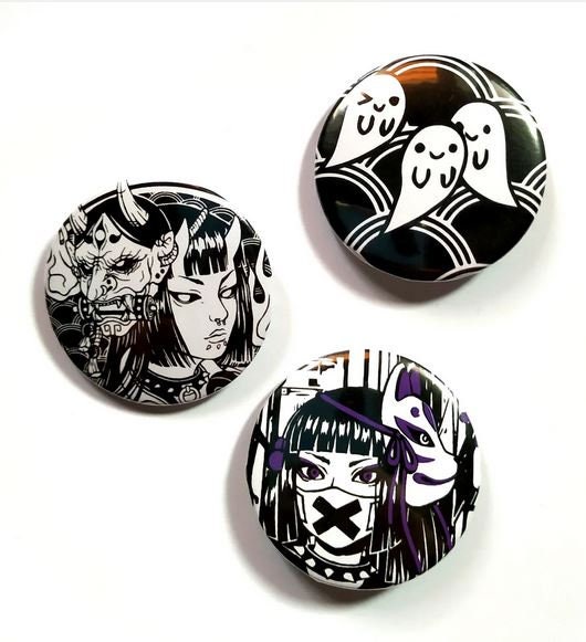 Set 3 Metalic badges chapas sukeban yokai food japanese