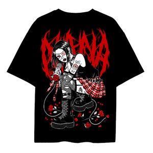 May include: Black t-shirt featuring a red and white graphic of a woman with a microphone, roses, and the word "NANA" in red. The woman is wearing a black top, a plaid skirt, and combat boots. The design has a punk rock aesthetic.