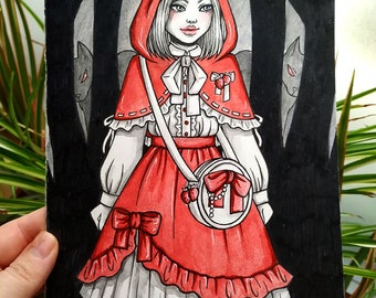 drawlloween redhood Original gothic lolita watercolor woman girl face illustration fashion
