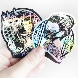 Sticker holographic gerisha or hannya 7,5 cm waterproof gothic goth japanese japan