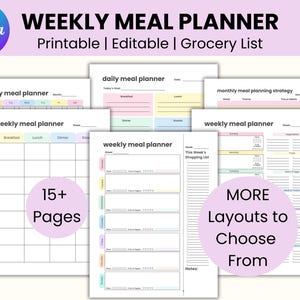 Weekly Meal Planner with Grocery List Printable, Editable PDF, Monthly Daily Meal Planning Template, Water Tracker, Meal Prep Checklist