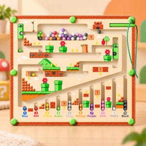 May include: A square wooden maze game featuring a colorful printed landscape with brick patterns, green pipes, and flowers. The board includes ten vertical slots at the bottom labeled with numbers one through ten and corresponding color names.
