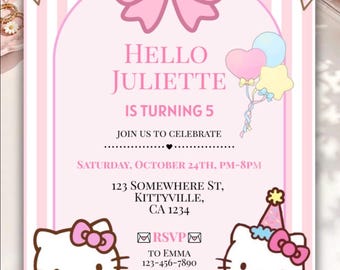 May include: A pink and white striped birthday invitation card featuring a large pink bow at the top, bunting flags, and two white cat characters. The text reads: Hello Juliette is turning 5, join us to celebrate, Saturday, October 24th, 123 Somewhere St, Kittyville, CA 1234, RSVP to Emma 123-456-7890.