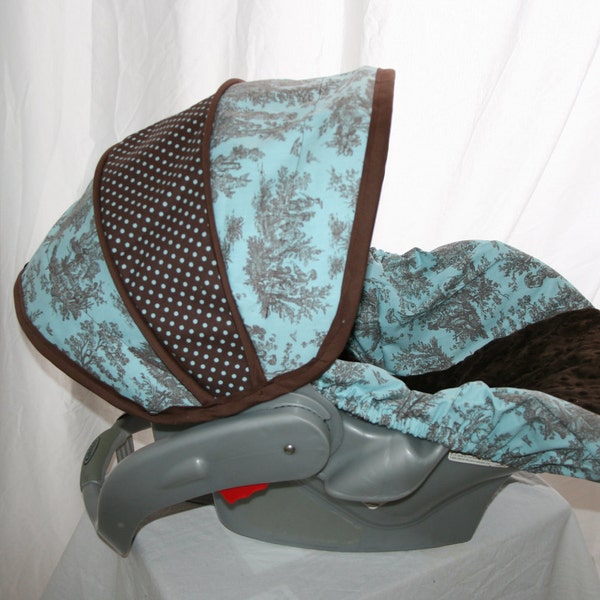 Brown and Blue Toile fabric with Brown minkyInfant car seat cover- Custom Order