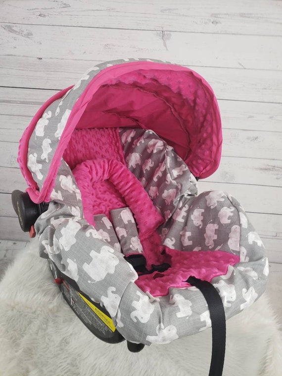 ELEPHANTS//PINK MINKY INFANT CAR SEAT SLIP COVER Graco fit-custom sizes available