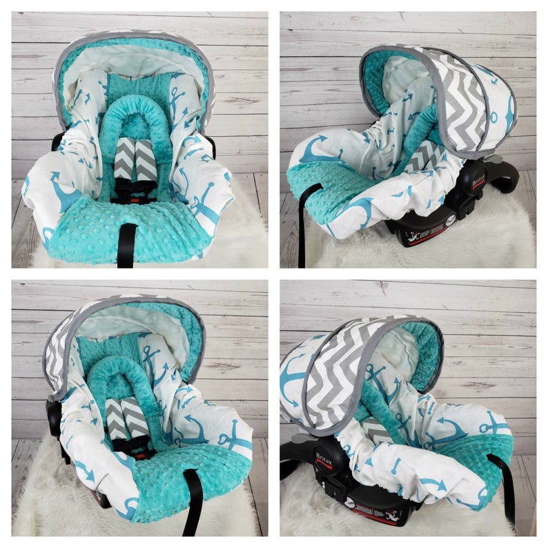 infant car seat cover and hood cover chevron with anchors and teal minky