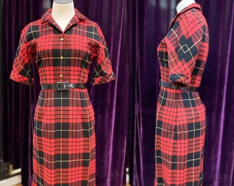 1950s Red Plaid Shirt Dress