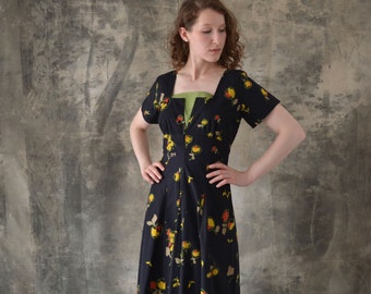 1940s Black Print Cotton Dress