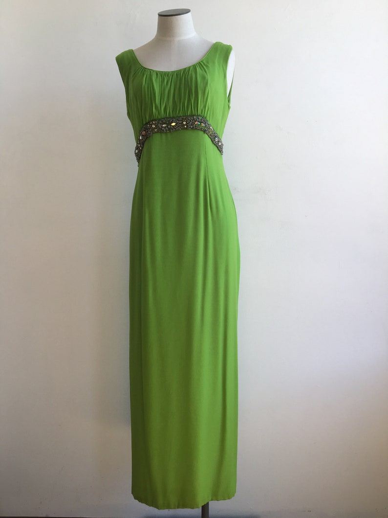 60s Rhinestone Green Silk Chiffon Dress with Over mantle