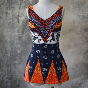 1970s Swim Suit Navy and Red Batik Print image 2