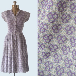 1950s Cotton Voile Purple Print Dress size S