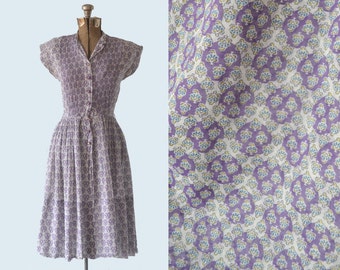 1950s Cotton Voile Purple Print Dress size S