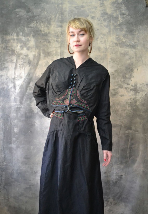 1800s Victorian Black Satin Embroidered Dress