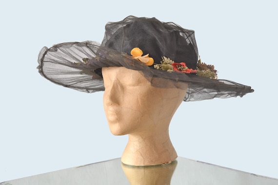 Edwardian Black Net Hat w Flowers