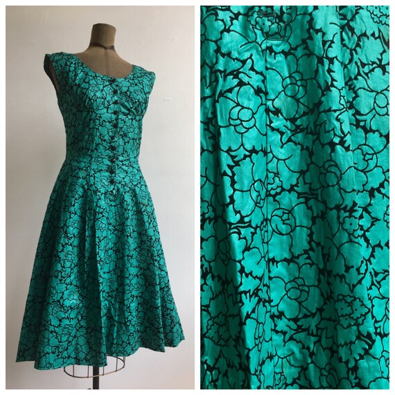 1950s Hand Made Teal and Velvet Party Dress - image 1