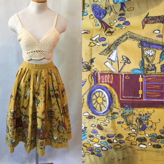 1950s Cotton Print Skirt, mustard with purple and… - image 1