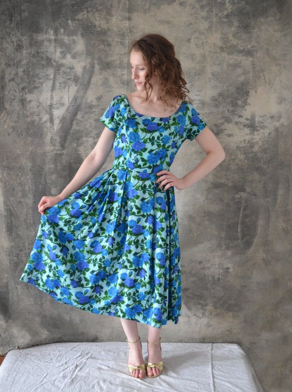 1950s Blue Rose Watercolor Dress