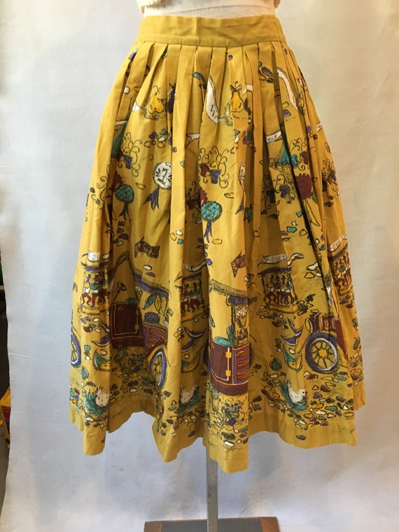 1950s Cotton Print Skirt, mustard with purple and… - image 3