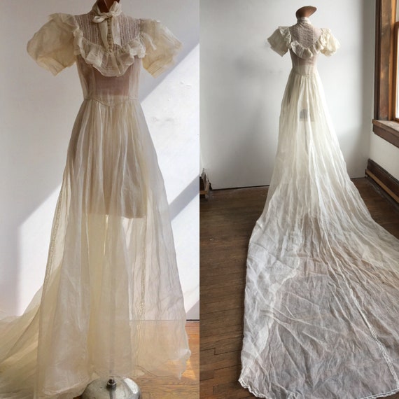 1930s Sheer Cotton Organza Wedding Gown with Looon