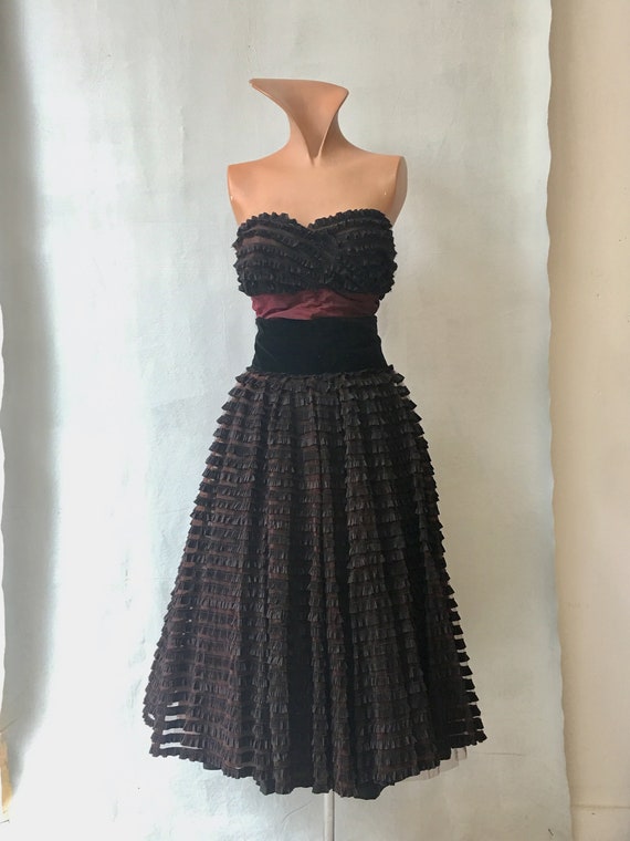 1950s Black/Brown Tulle Party Dress with two skir… - image 3