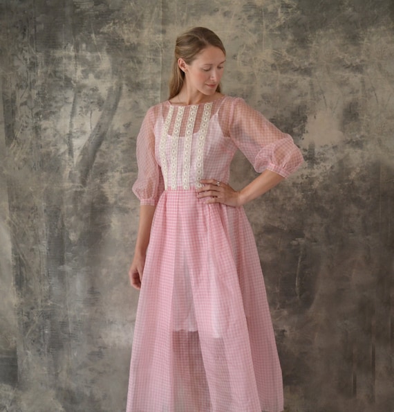 1950s Sheer Pink Gingham Organza Dress size M