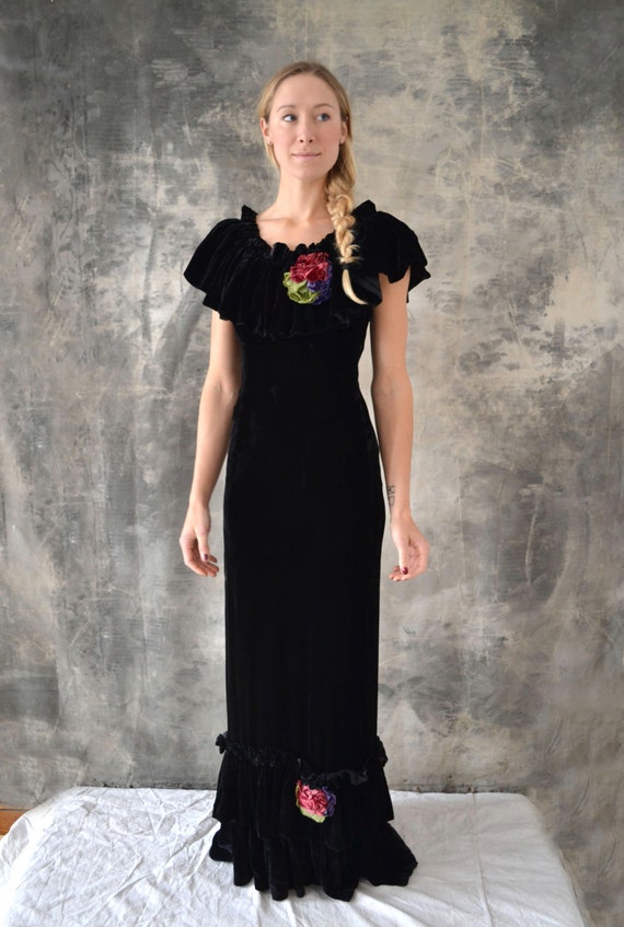 1930s Black Velvet Bias Cut Dress - Gem