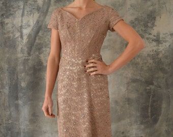 1950s Taupe Lace Cocktail Dress